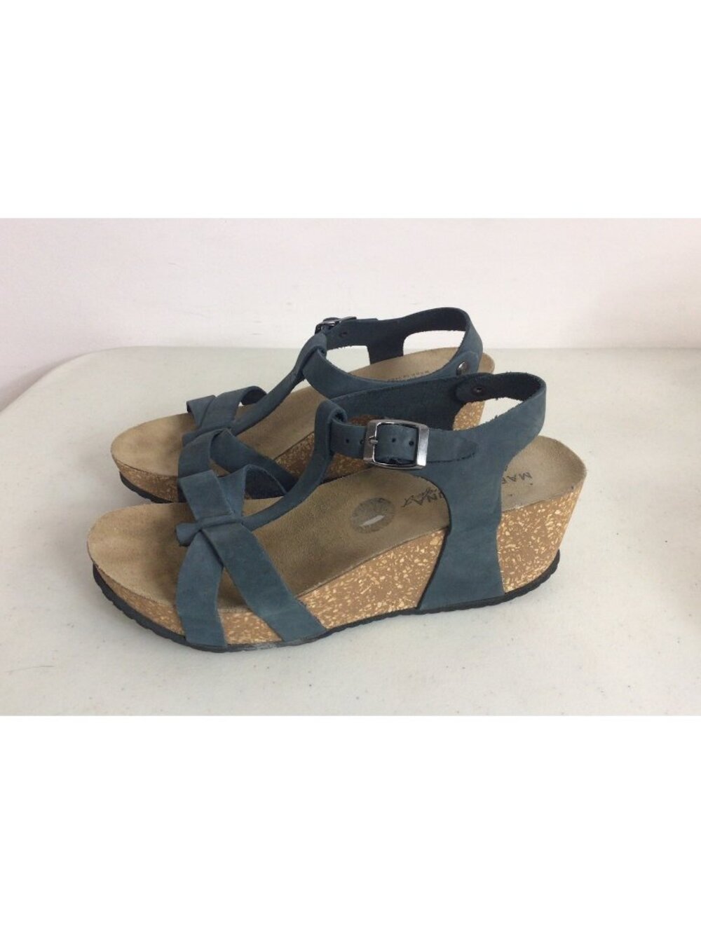 Marina Luna Sandals Blue Leather Cork Wedge Slides Italy Boho Womens 9